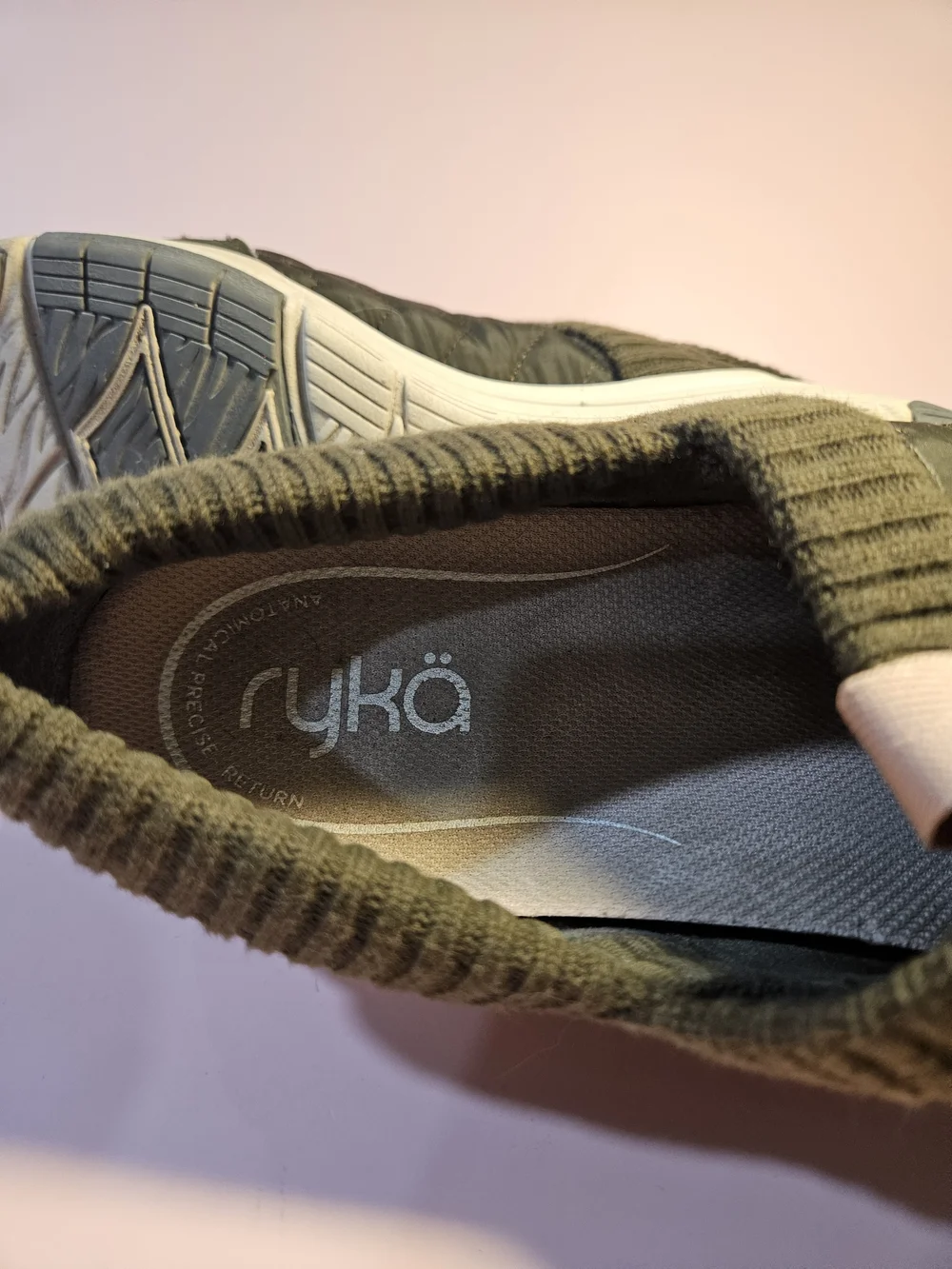 Ryka Quilted Olive Green Slip-On Sneakers with Beige Pull Tab. Bin10 Size 8
